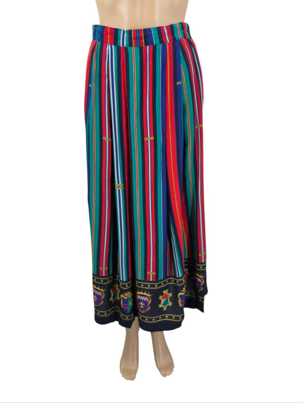 Vintage Nautical Striped Pleated Tea Length Skirt with Crest Border